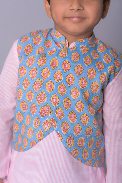 Cotton stripe Kurta Pajama with Hand block-printed cotton waist jacket - My Store