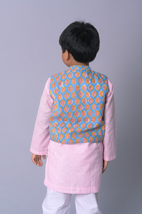 Cotton stripe Kurta Pajama with Hand block-printed cotton waist jacket - My Store