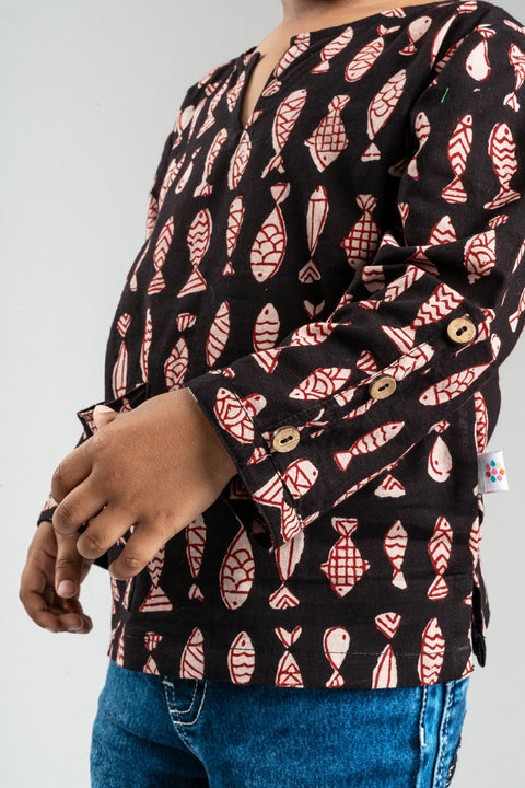 Fish Print Cotton Kurta - My Store