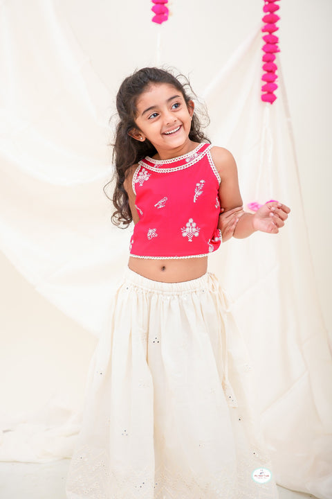 Pink/Offwhite Embroidery Lehenga - My Store