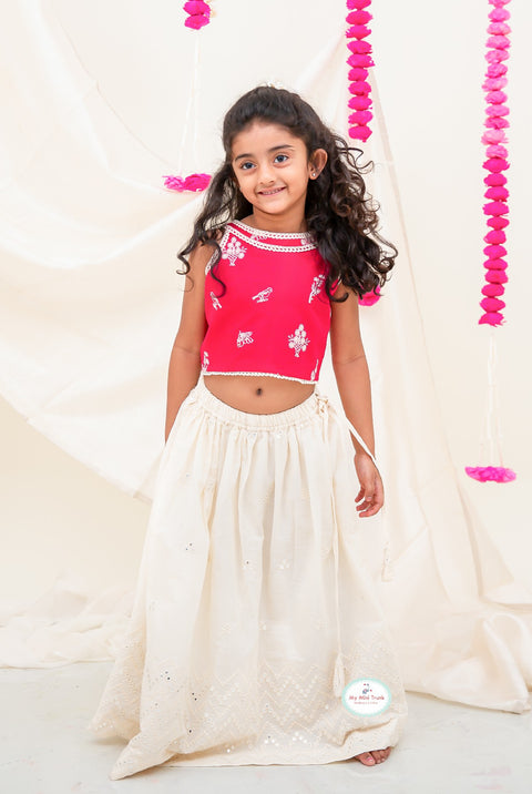 Pink/Offwhite Embroidery Lehenga - My Store