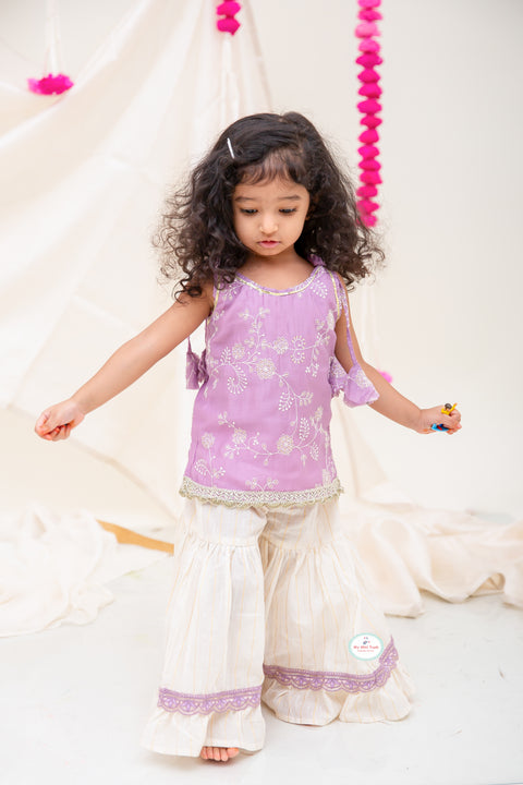 Lurex Kurta pajama with Jacket & Sharara set - Lilac - My Store