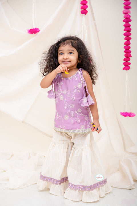 Lurex Kurta pajama with Jacket & Sharara set - Lilac - My Store