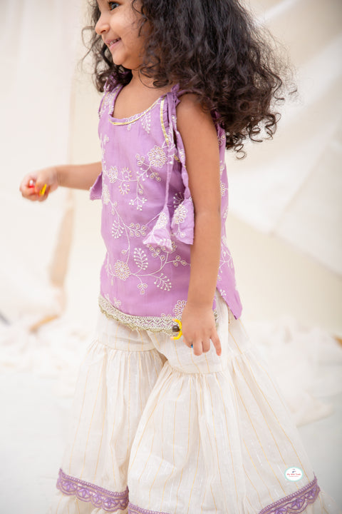 Lurex Kurta pajama with Jacket & Sharara set - Lilac - My Store