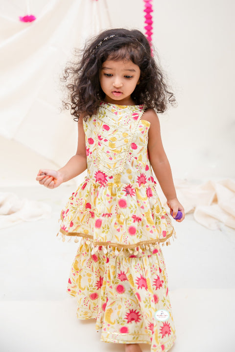 Lemon Yellow block printed Sharara Set & Cotton printed Kurta Pajama - My Store