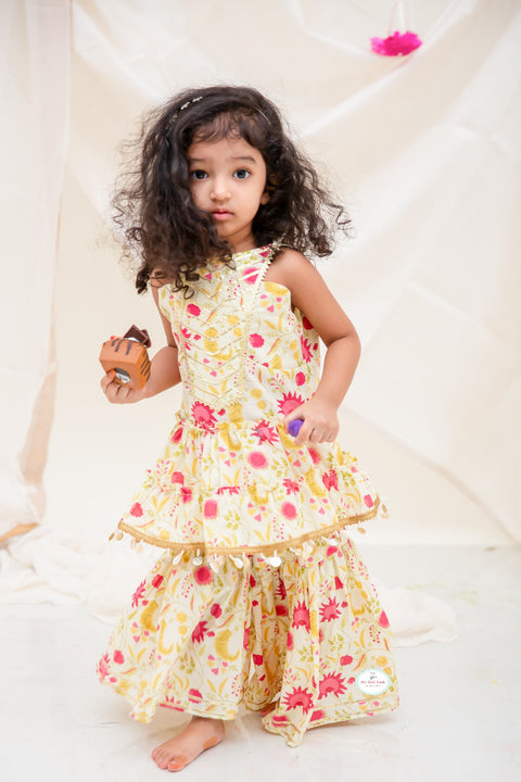 Lemon Yellow block printed Sharara Set & Cotton printed Kurta Pajama - My Store