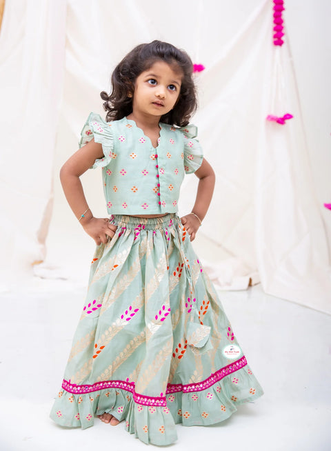 Silk Chanderi Green Lehanga Set &  Silk Chanderi Kurta Pajama