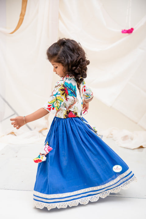 Linen Cotton Blue Lehanga Set & Blue Linen cotton kurta pajama with a Offwhite contrast print with stylish waist jacket. - My Store