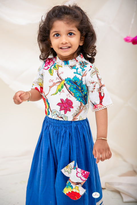 Linen Cotton Blue Lehanga Set & Blue Linen cotton kurta pajama with a Offwhite contrast print with stylish waist jacket. - My Store