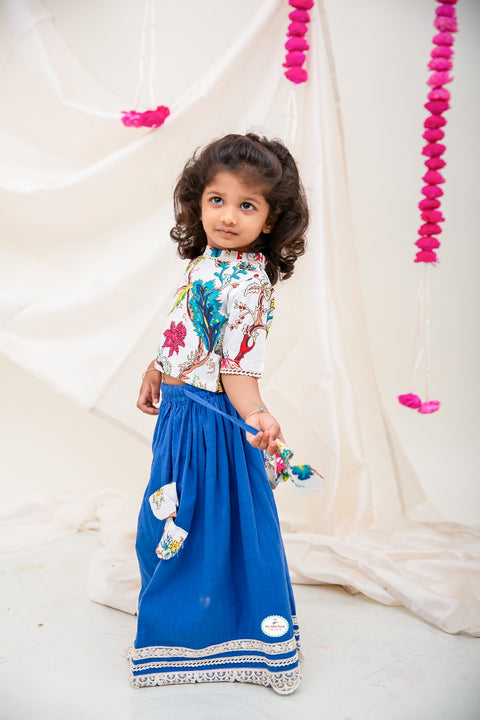 Linen Cotton Blue Lehanga Set & Blue Linen cotton kurta pajama with a Offwhite contrast print with stylish waist jacket. - My Store