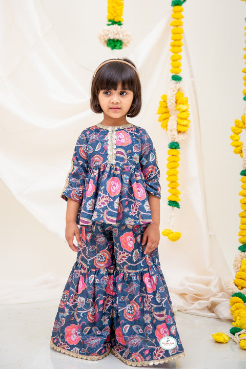 Mid-night Blue Chinon Sharara set & Midnight Blue Chinnon Textured Kurta Pajama - My Store