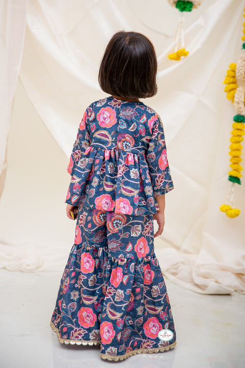 Mid-night Blue Chinon Sharara set & Midnight Blue Chinnon Textured Kurta Pajama - My Store