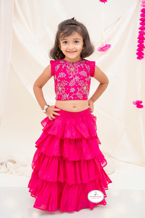 Chanderi Embroidery Ruffle Lehanga Set - Red - My Store