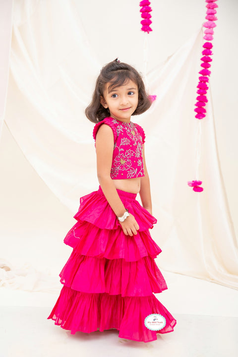 Chanderi Embroidery Ruffle Lehanga Set - Red - My Store