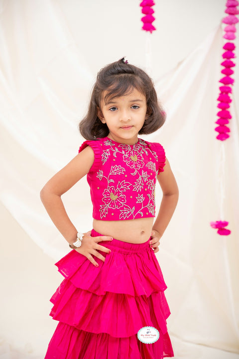 Chanderi Embroidery Ruffle Lehanga Set - Red - My Store