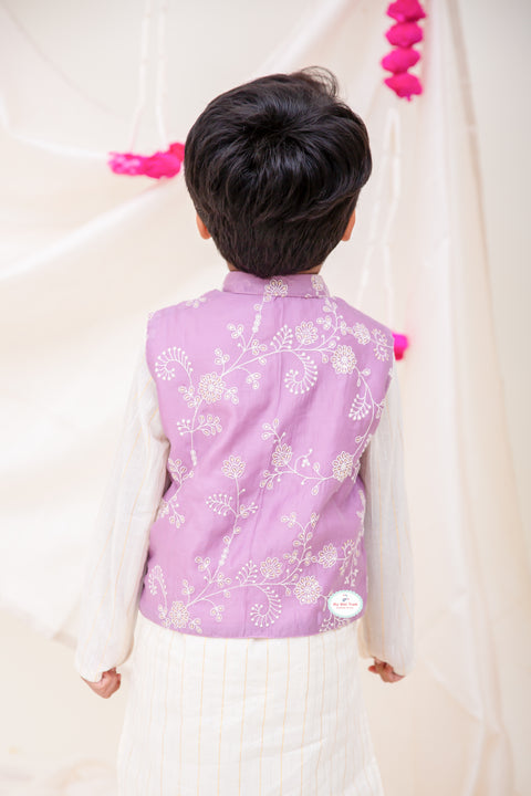Lurex Kurta pajama with Jacket & Sharara set - Lilac - My Store