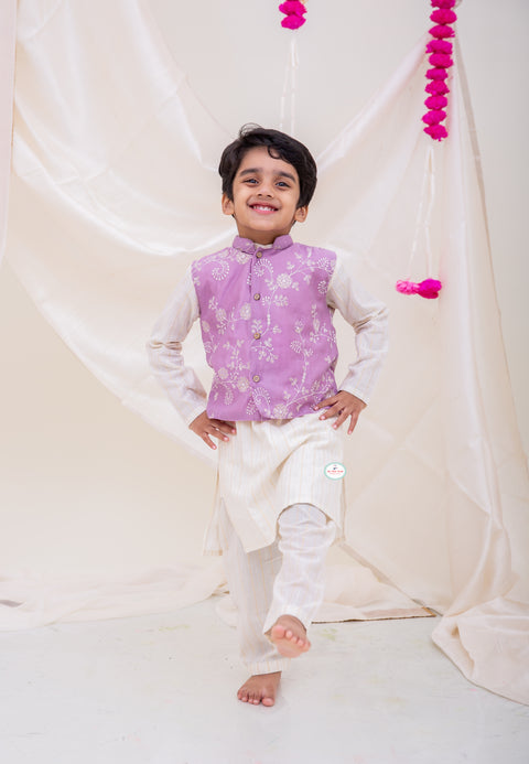 Lurex Kurta pajama with Jacket & Sharara set - Lilac - My Store