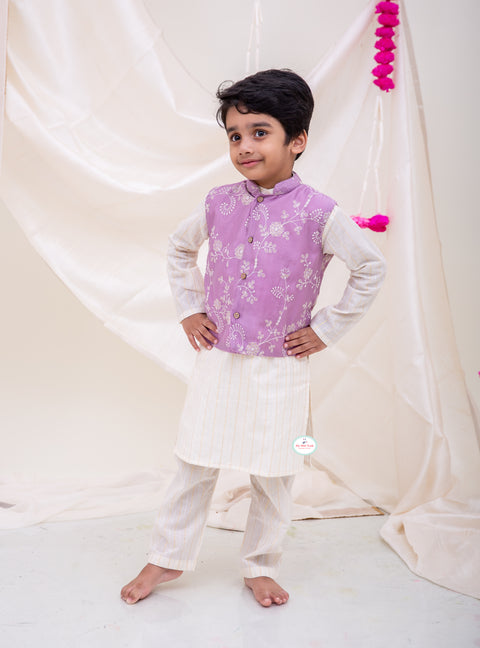 Lurex Kurta pajama with Jacket & Sharara set - Lilac - My Store