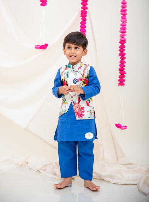 Linen Cotton Blue Lehanga Set & Blue Linen cotton kurta pajama with a Offwhite contrast print with stylish waist jacket. - My Store