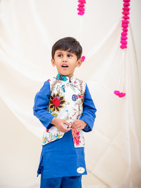 Linen Cotton Blue Lehanga Set & Blue Linen cotton kurta pajama with a Offwhite contrast print with stylish waist jacket. - My Store
