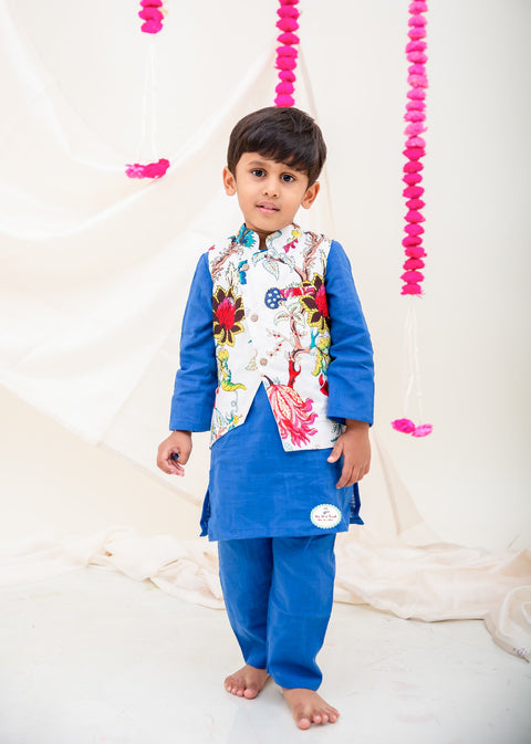 Linen Cotton Blue Lehanga Set & Blue Linen cotton kurta pajama with a Offwhite contrast print with stylish waist jacket. - My Store