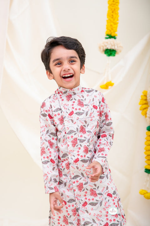 OffwhiteRed Chinnon Textured Kurta Pajama. - My Store