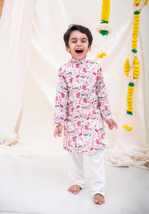 OffwhiteRed Chinnon Textured Kurta Pajama. - My Store