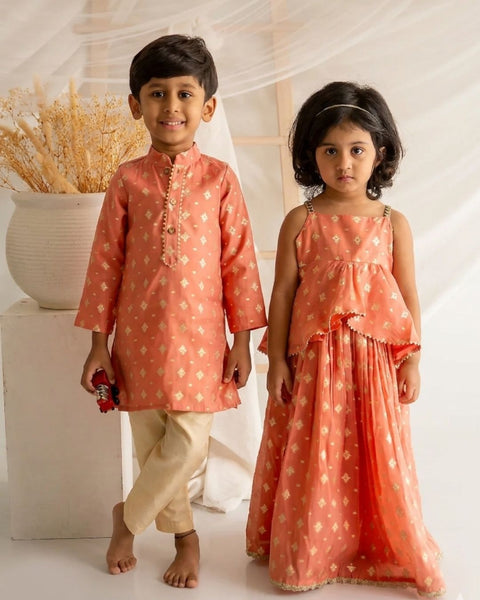 Peach Chanderi Lehenga and Kurta Set