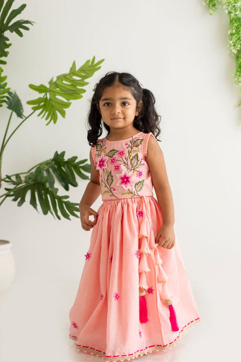 Peach Chanderi Embroidery Lehanga Set