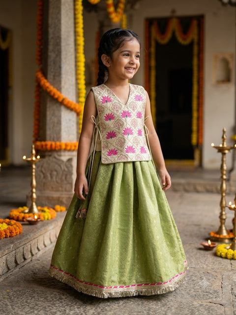 Green and gold lehenga set