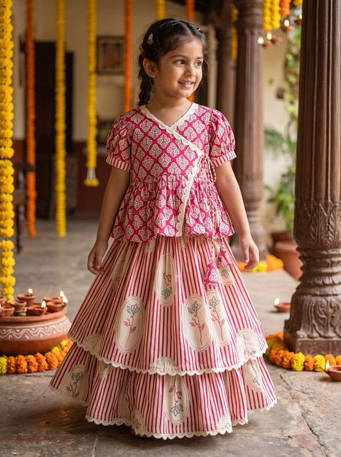 Pink cotton layered lehenga set