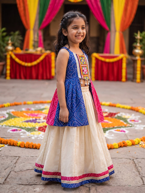 Blue Bandhini print and offwhite lehenga set