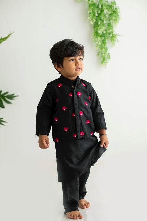 Black kurta pajama with jacket and Black Embroidery Silk Lehanga Set