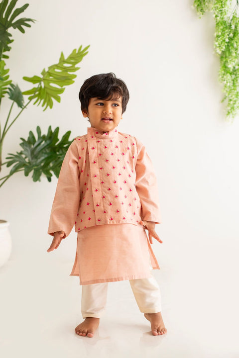 Peach kurta pajama with embroidery jacket