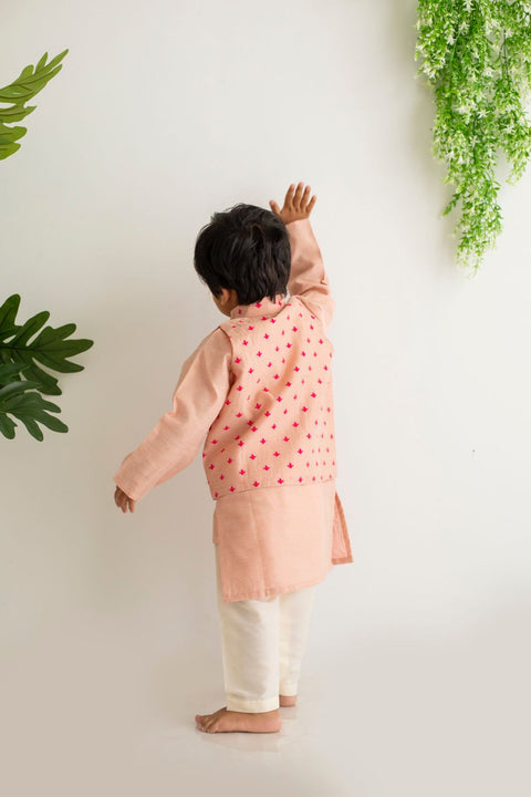 Peach kurta pajama with embroidery jacket