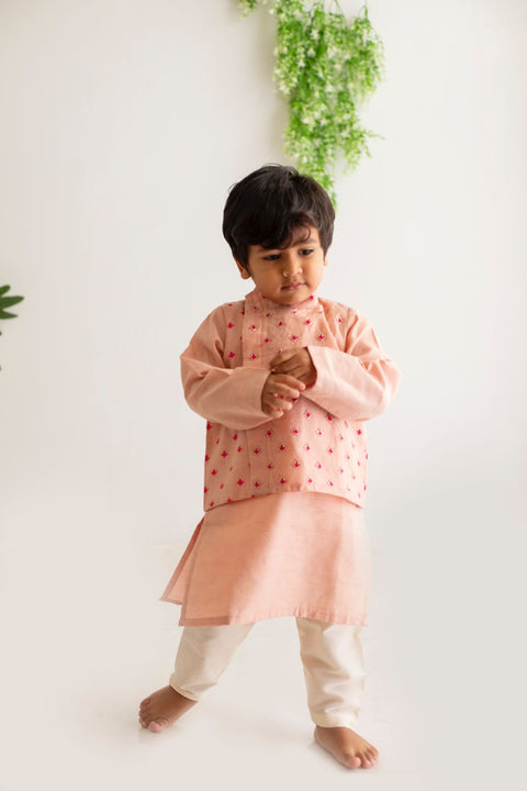 Peach kurta pajama with embroidery jacket