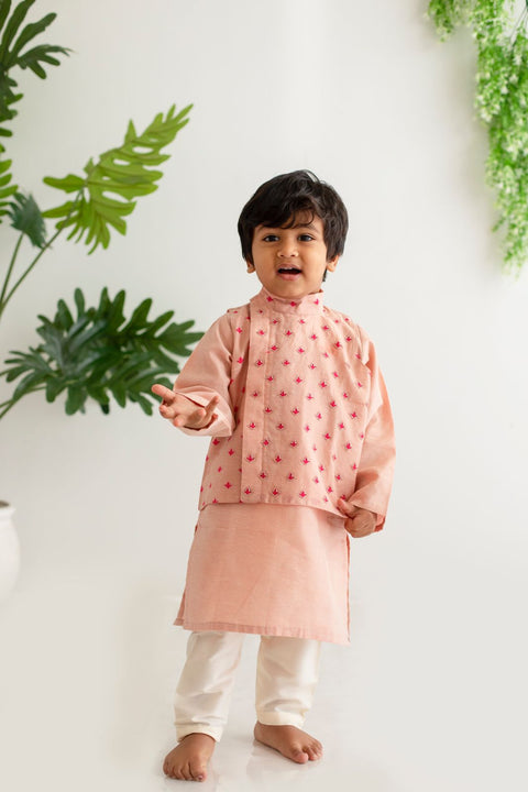 Peach kurta pajama with embroidery jacket