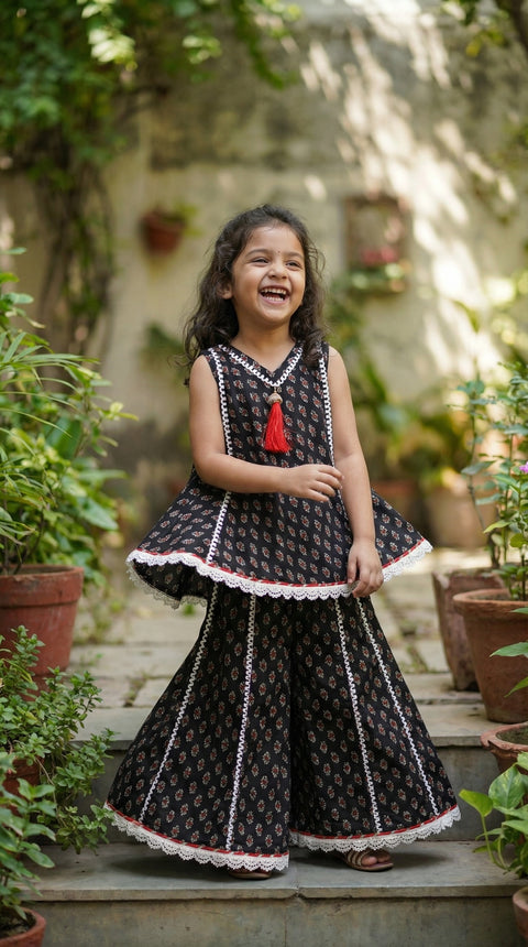 Black pure cotton top and flared sharara set