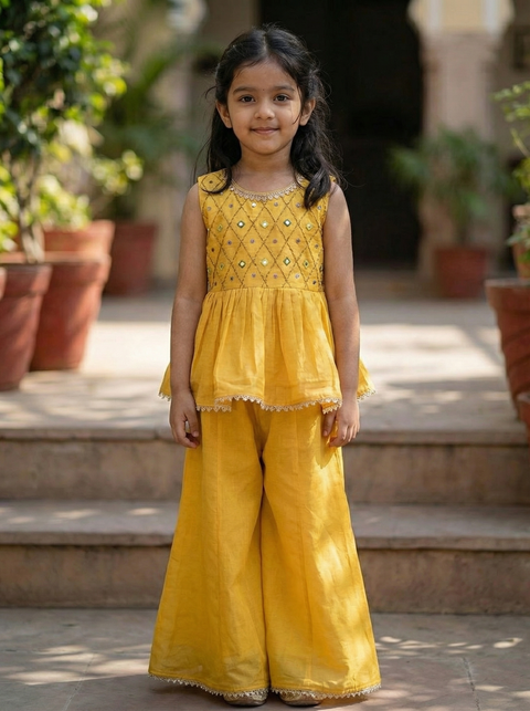 YELLOW SILK EMBROIDERY TOP WITH FLARED PALAZZO