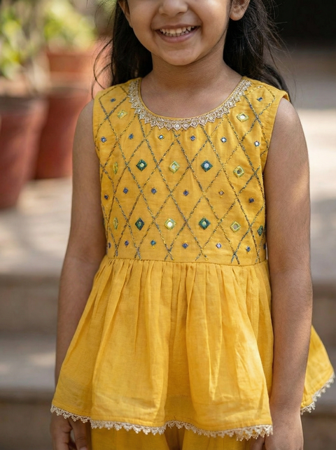 YELLOW SILK EMBROIDERY TOP WITH FLARED PALAZZO