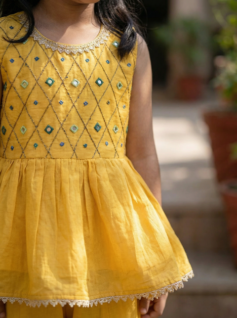 YELLOW SILK EMBROIDERY TOP WITH FLARED PALAZZO