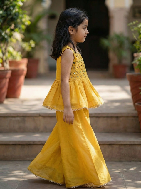 YELLOW SILK EMBROIDERY TOP WITH FLARED PALAZZO