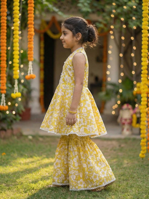 Yellow Block printed Pure Cotton Sharara set