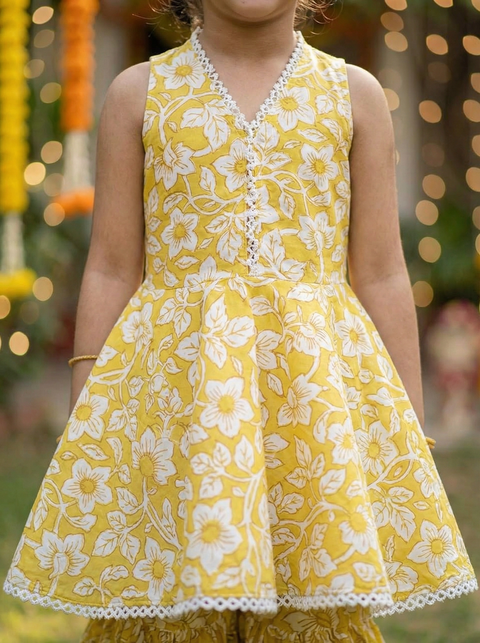 Yellow Block printed Pure Cotton Sharara set