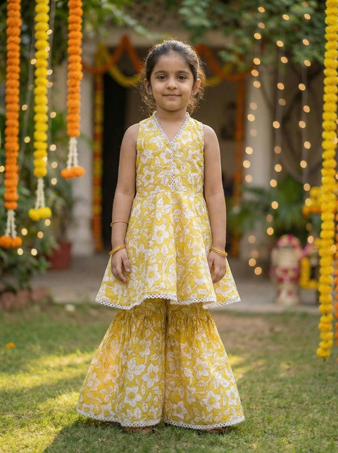 Yellow Block printed Pure Cotton Sharara set