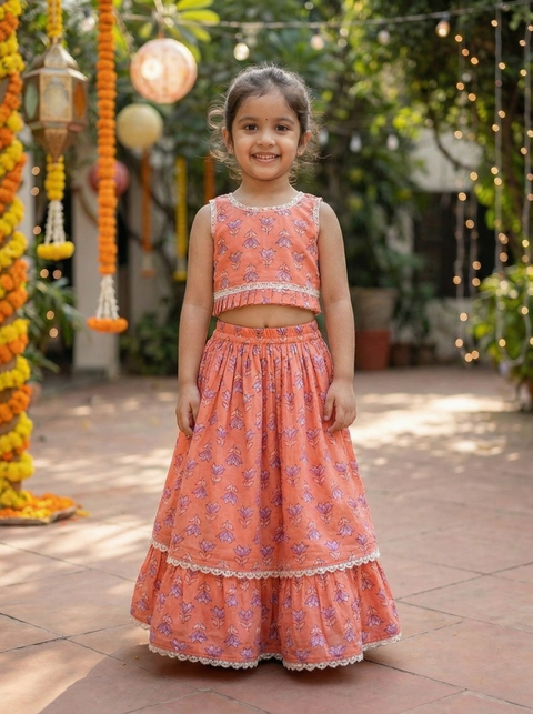 Peach Pure cotton blouse and lehenga set