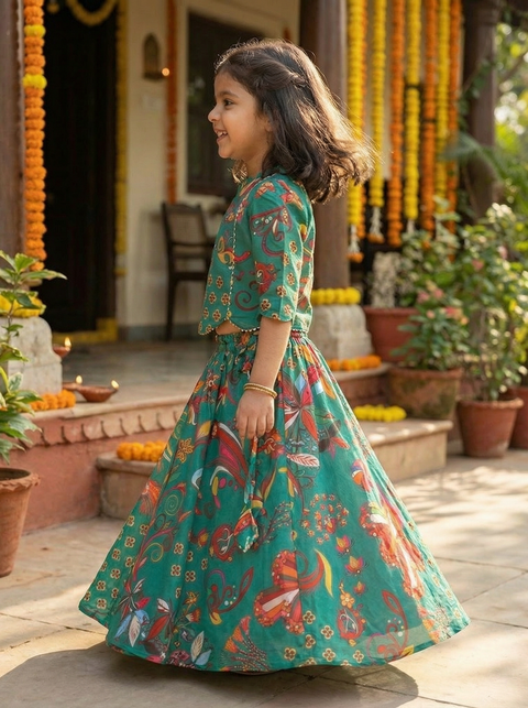 Green Silk Print Lehenga Set