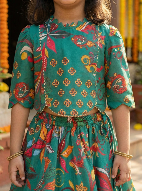 Green Silk Print Lehenga Set