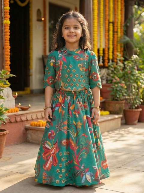 Green Silk Print Lehenga Set