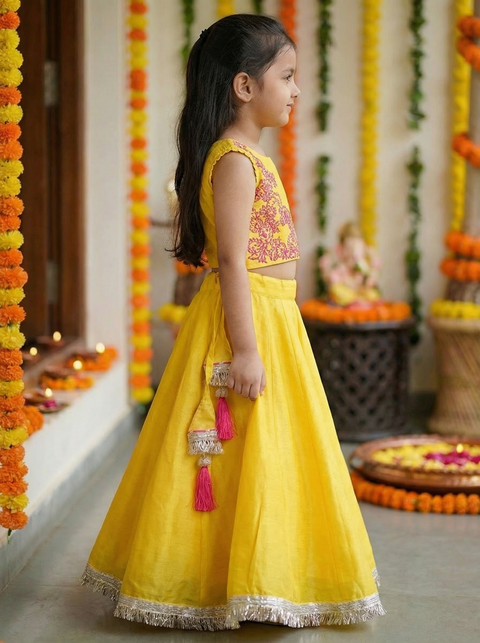 Yellow pure silk Chanderi Lehenga set
